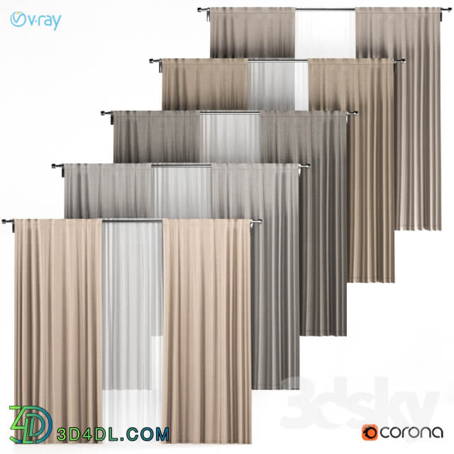 A series of five brown and gray curtains with white tulle.