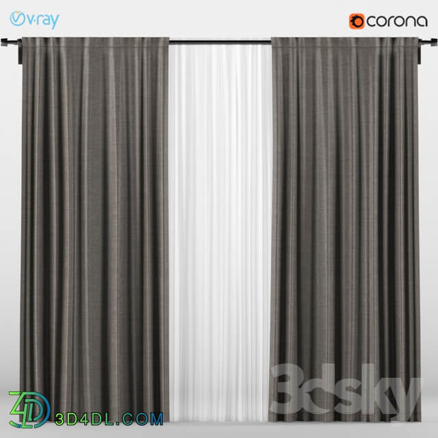 A series of five brown and gray curtains with white tulle.