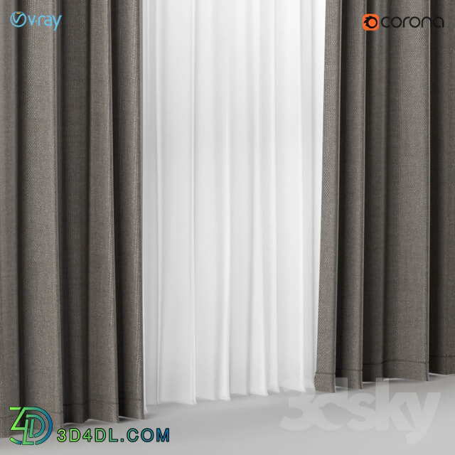 A series of five brown and gray curtains with white tulle.