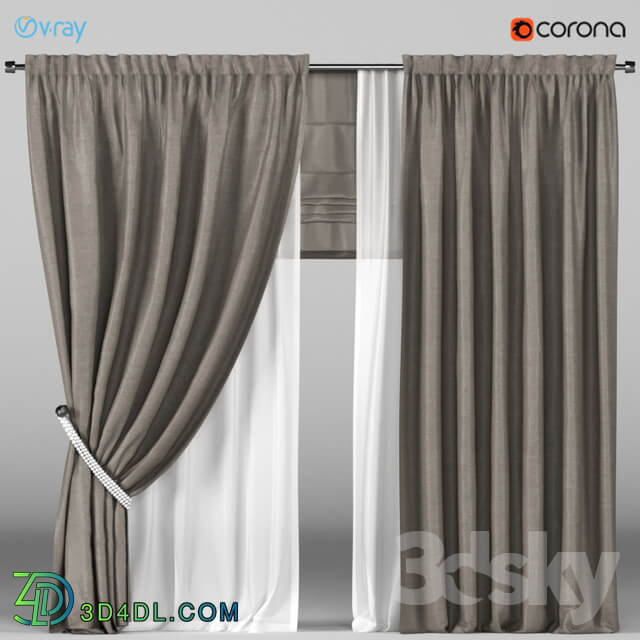 Brown curtains in the background with white tulle Roman blinds