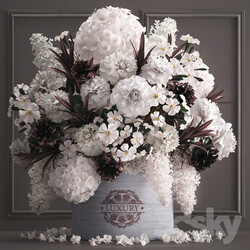 A bouquet of flowers in a gift box 88.luxury bouquet stucco frame Hydrangea lilac peonies oleander vase white bouquet luxury decor eco design table decoration composition 3D Models 