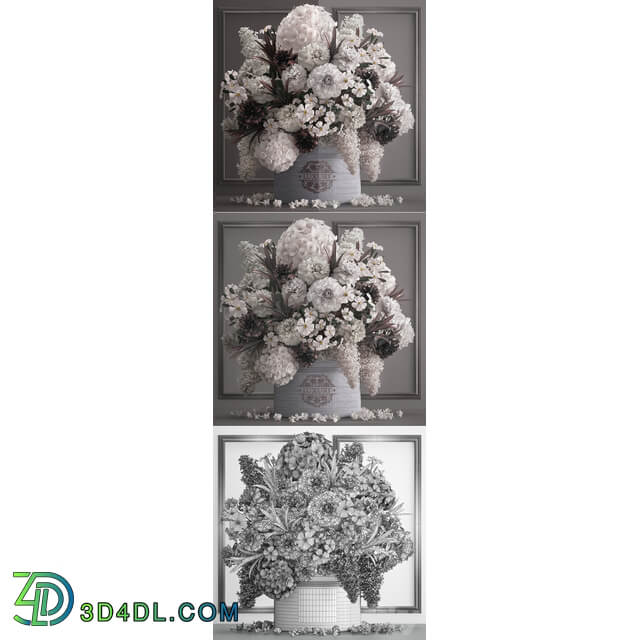 A bouquet of flowers in a gift box 88.luxury bouquet stucco frame Hydrangea lilac peonies oleander vase white bouquet luxury decor eco design table decoration composition 3D Models