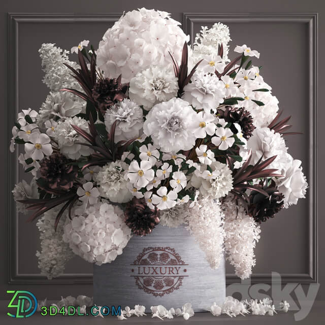 A bouquet of flowers in a gift box 88.luxury bouquet stucco frame Hydrangea lilac peonies oleander vase white bouquet luxury decor eco design table decoration composition 3D Models