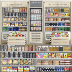 Grocery showcase in a supermarket in ethnic style with drinks and groceries 3D Models 