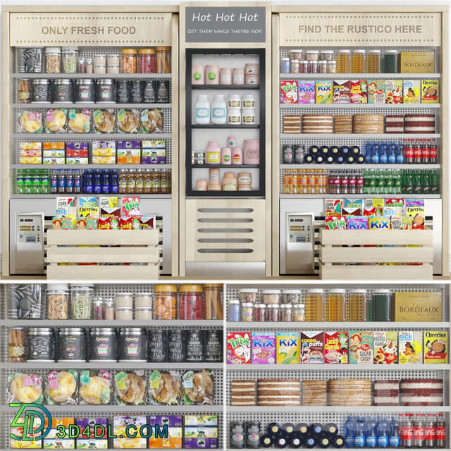 Grocery showcase in a supermarket in ethnic style with drinks and groceries 3D Models