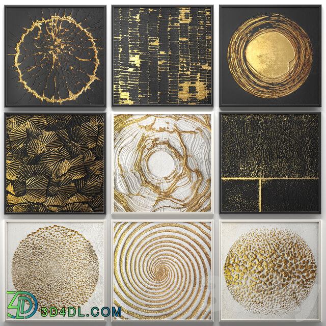 A collection of decorative paintings. Gold. 2 wall decor a set of paintings luxury panels gold white black set decorative abstraction pattern 3D Models