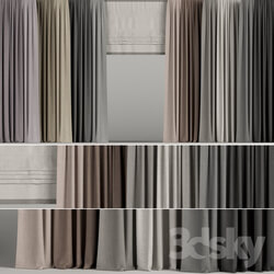 A set of curtains in different colors with a roman curtain. 