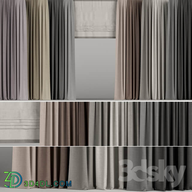 A set of curtains in different colors with a roman curtain.