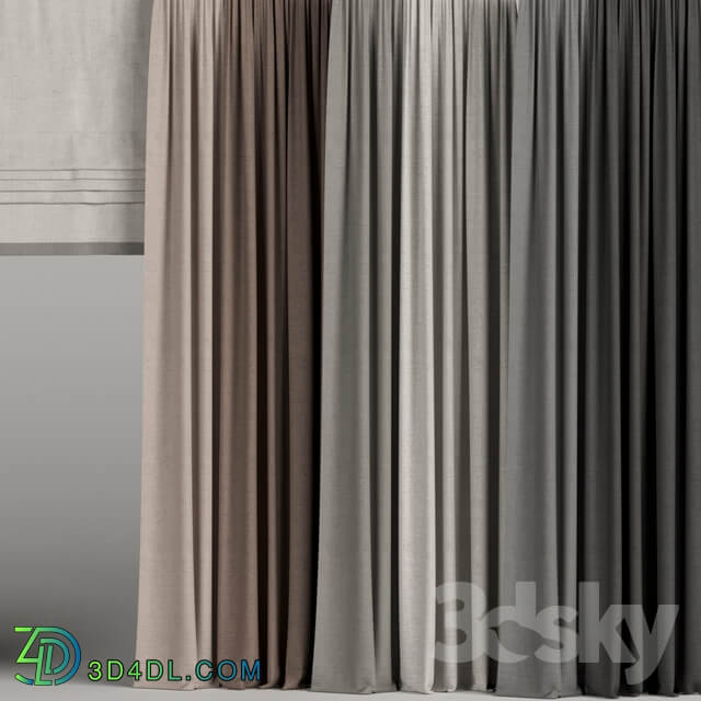 A set of curtains in different colors with a roman curtain.