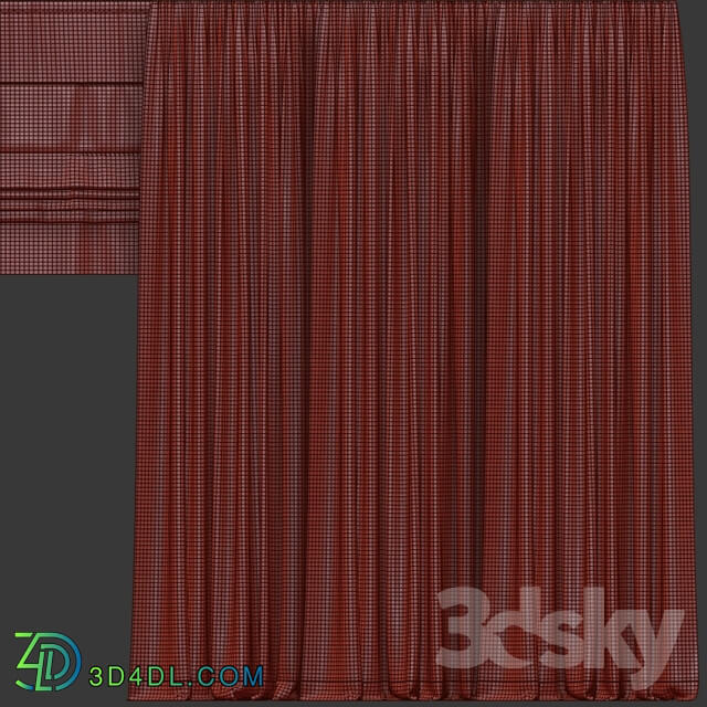 A set of curtains in different colors with a roman curtain.