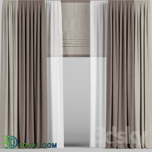 Curtains in two colors with tulle and roman blinds.