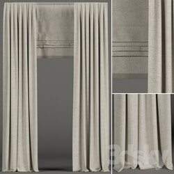 Narrow beige curtains with roman shades. 