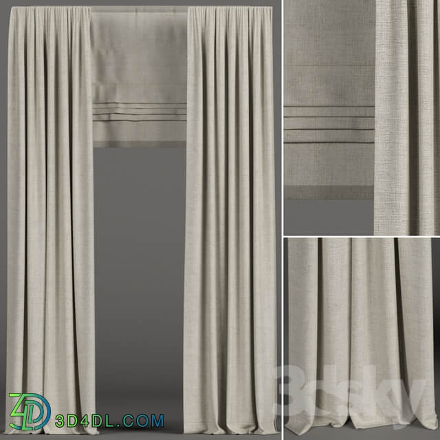 Narrow beige curtains with roman shades.