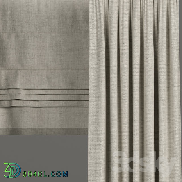 Narrow beige curtains with roman shades.