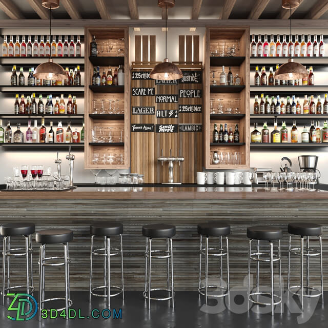 A large bar with alcohol and cocktails in ethnic style. Bar 3D Models