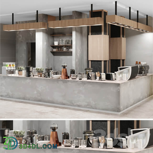 Cafe with a minimalist design with elements of concrete and wood. Coffee machine coffee maker 3D Models