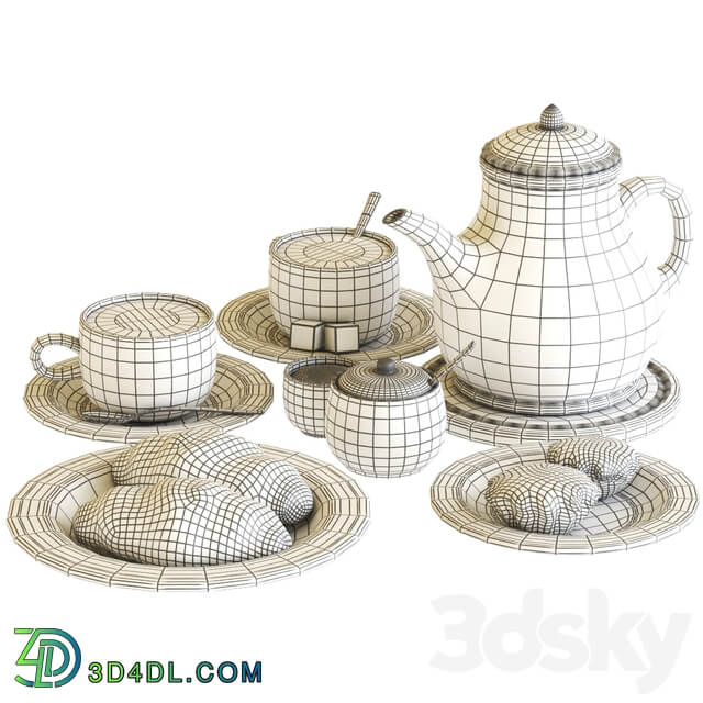 Tea set with croissant and muffin