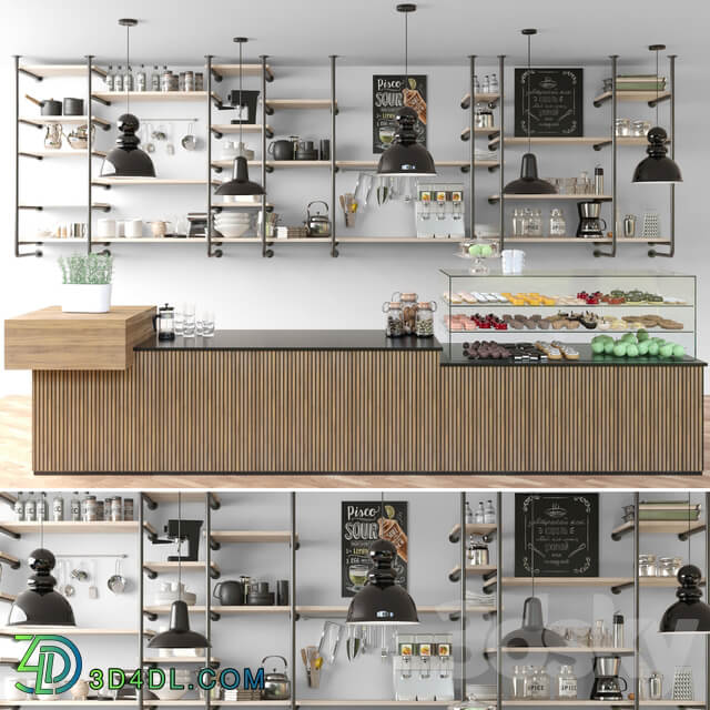 Cafe with shelves and a showcase with desserts and sweets in a loft style 3D Models