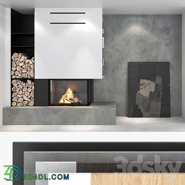 Decorative wall with fireplace set 02