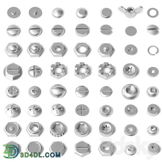 Set of nuts bolts washers 3D Models