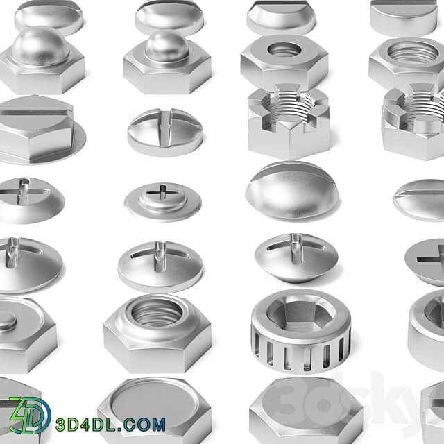 Set of nuts bolts washers 3D Models