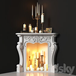 Corner fireplace with candles. Decorative set 