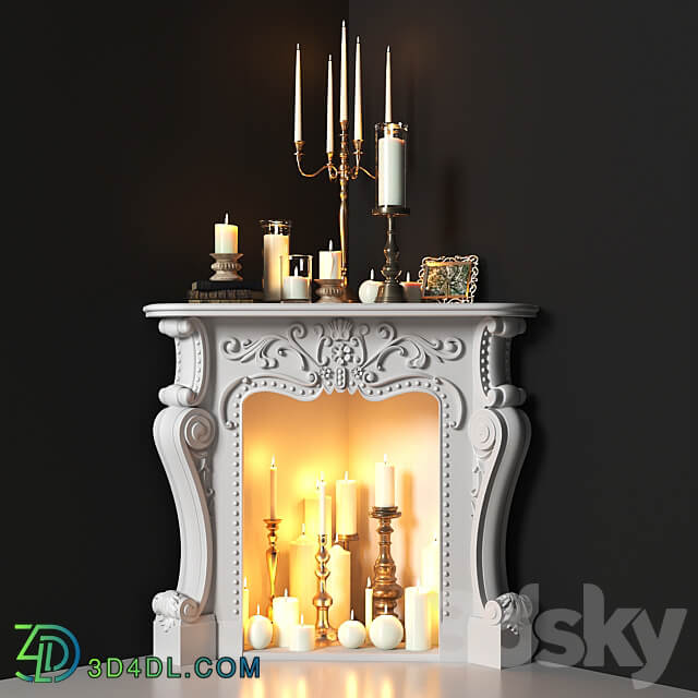 Corner fireplace with candles. Decorative set