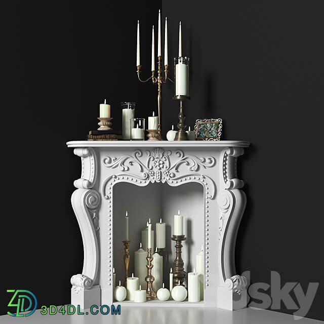 Corner fireplace with candles. Decorative set