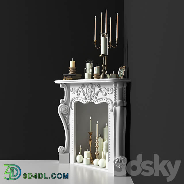 Corner fireplace with candles. Decorative set