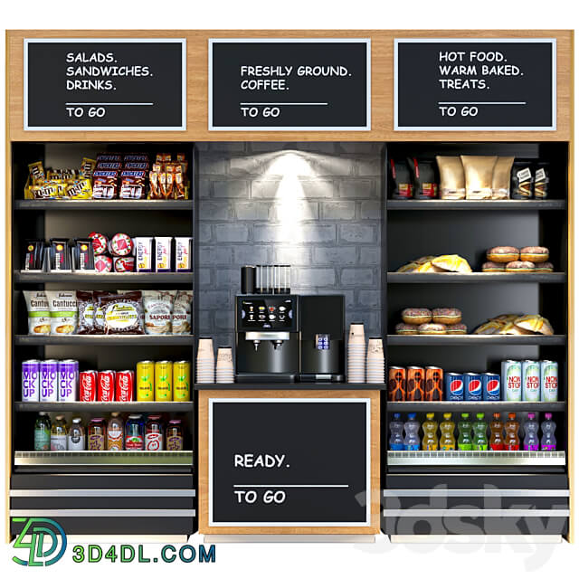 Shelf in a supermarket with dry breakfasts sweets and a coffee machine. Supermarket 3D Models