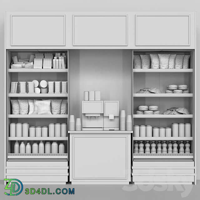 Shelf in a supermarket with dry breakfasts sweets and a coffee machine. Supermarket 3D Models