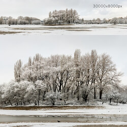 Panorama of the park with a lake and snow covered trees. 30k 3D Models 