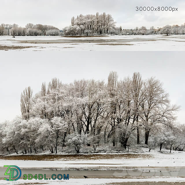 Panorama of the park with a lake and snow covered trees. 30k 3D Models