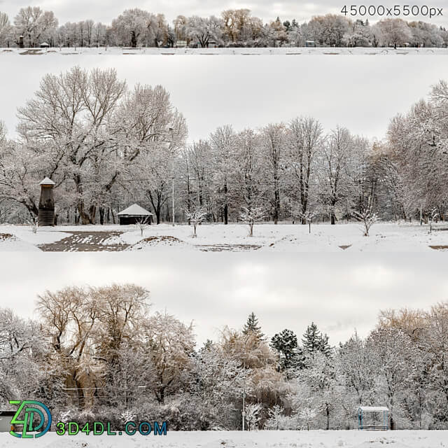 Panorama of the park and snow covered trees. 45k 3D Models