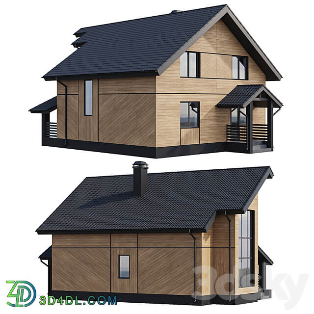 Two storey wooden house with a complex pitched roof 3D Models