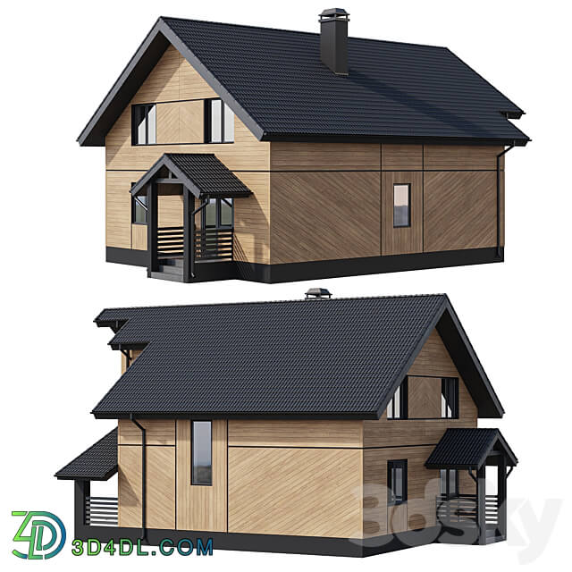 Two storey wooden house with a complex pitched roof 3D Models