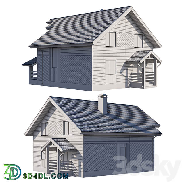 Two storey wooden house with a complex pitched roof 3D Models