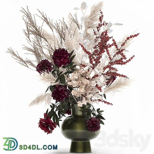 Bouquet 235. Dried flowers pampas grass moonflower branches reeds luxury vase decor white peony Ilex Holly SOLIDAGO 3D Models