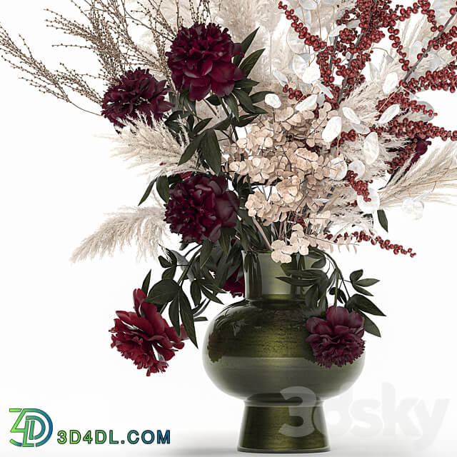 Bouquet 235. Dried flowers pampas grass moonflower branches reeds luxury vase decor white peony Ilex Holly SOLIDAGO 3D Models