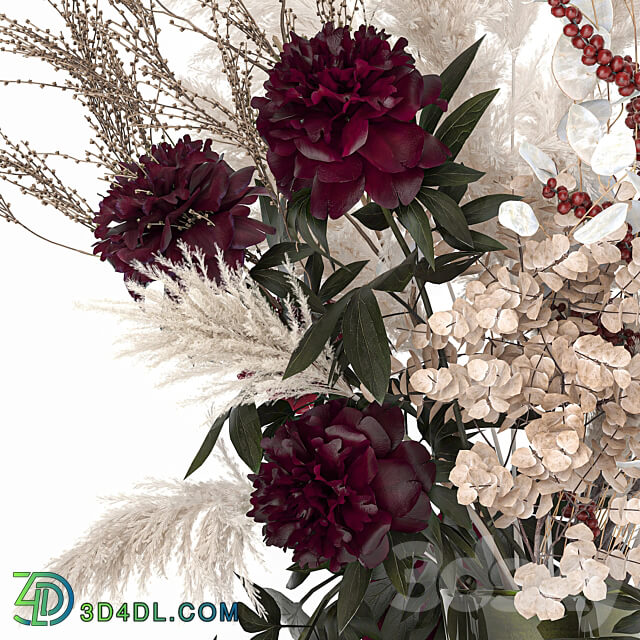 Bouquet 235. Dried flowers pampas grass moonflower branches reeds luxury vase decor white peony Ilex Holly SOLIDAGO 3D Models