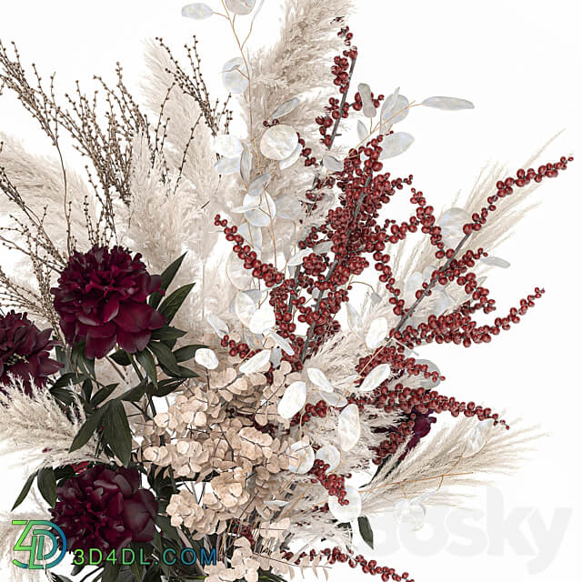 Bouquet 235. Dried flowers pampas grass moonflower branches reeds luxury vase decor white peony Ilex Holly SOLIDAGO 3D Models