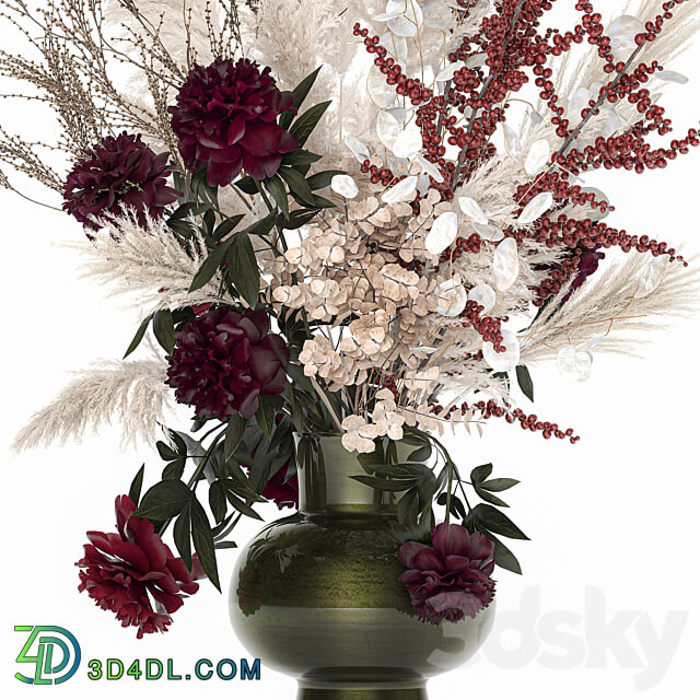 Bouquet 235. Dried flowers pampas grass moonflower branches reeds luxury vase decor white peony Ilex Holly SOLIDAGO 3D Models