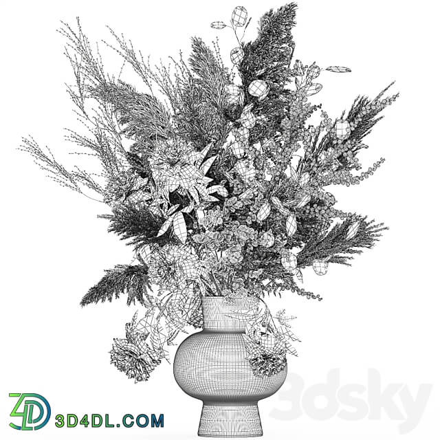 Bouquet 235. Dried flowers pampas grass moonflower branches reeds luxury vase decor white peony Ilex Holly SOLIDAGO 3D Models