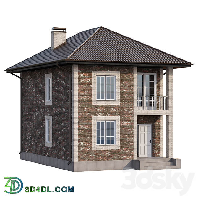 Two storey brick house with a porch and a balcony 4 colors 3D Models