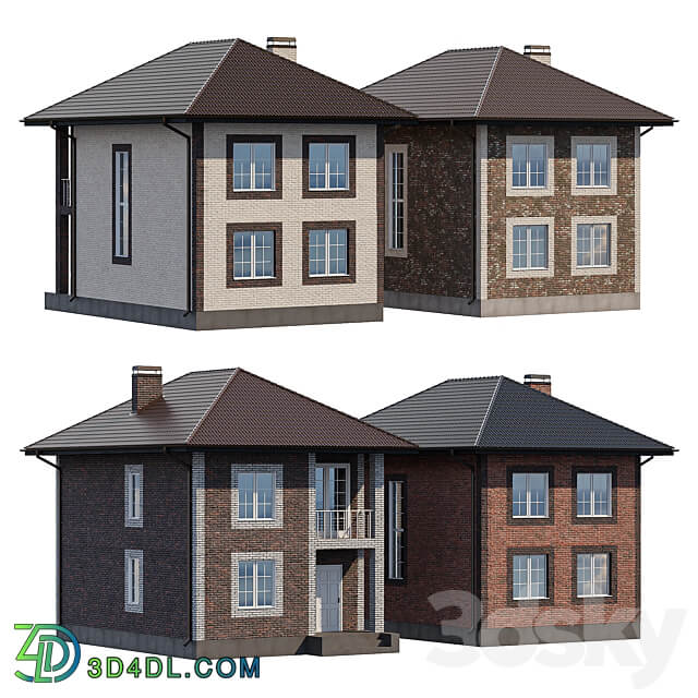 Two storey brick house with a porch and a balcony 4 colors 3D Models