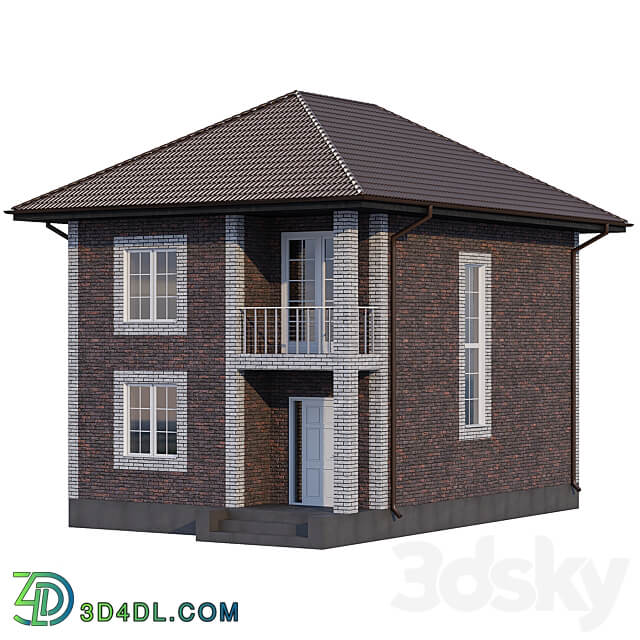 Two storey brick house with a porch and a balcony 4 colors 3D Models