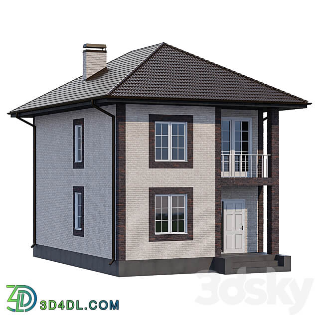 Two storey brick house with a porch and a balcony 4 colors 3D Models