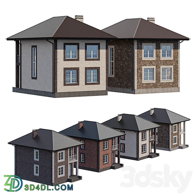 Two storey brick house with a porch and a balcony 4 colors 3D Models