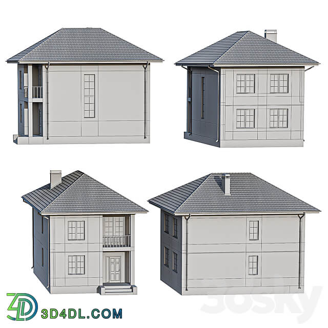 Two storey brick house with a porch and a balcony 4 colors 3D Models