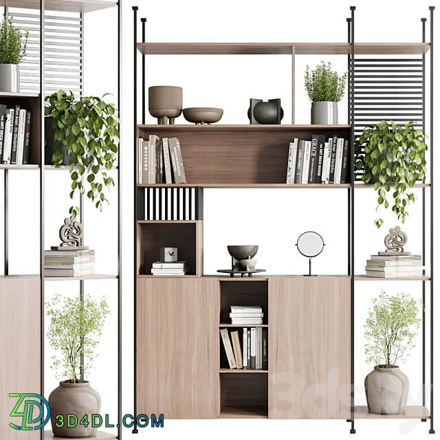 Metal Shelves Decorative With Plants and Book Wooden Rack 01 3D Models